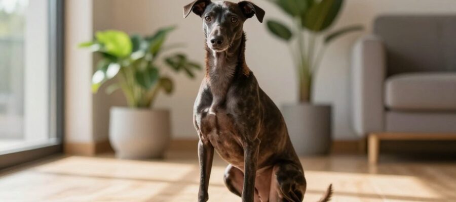 Perro Xoloitzcuintli de piel oscura sentado con calma en un salón luminoso y moderno.