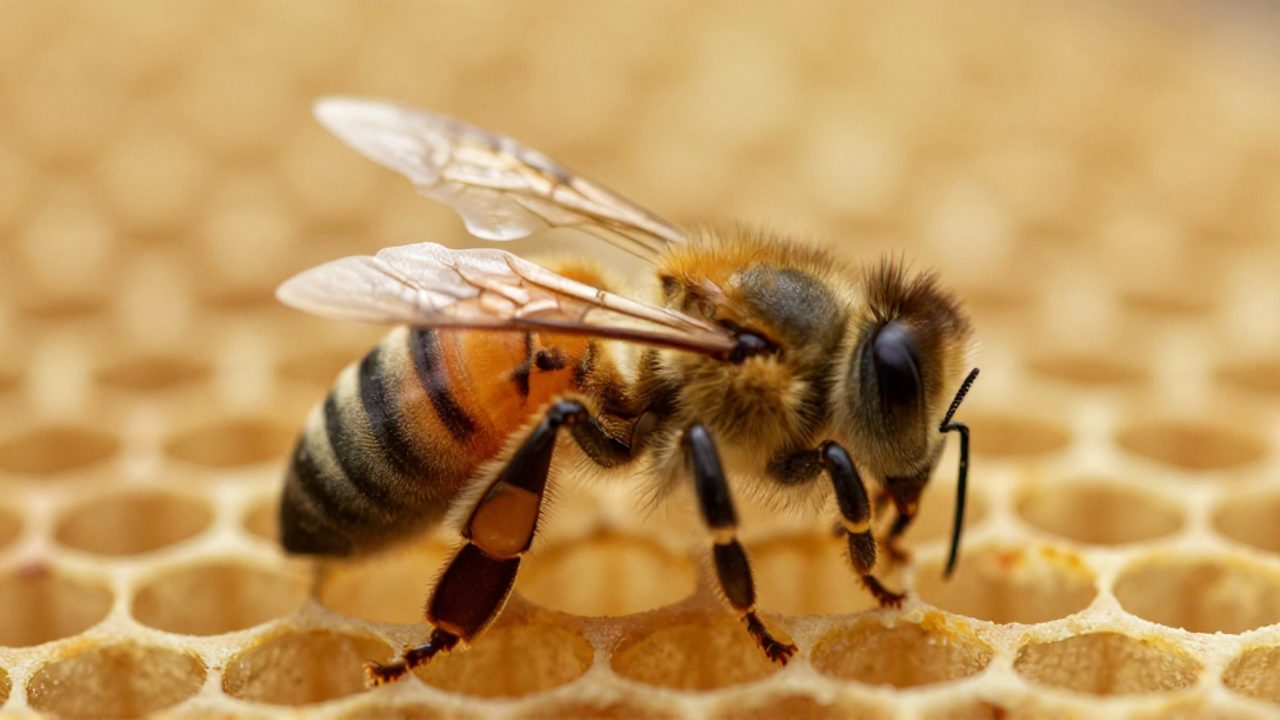 Una abeja obrera descansa sobre el borde de una celda de cera en un panal.