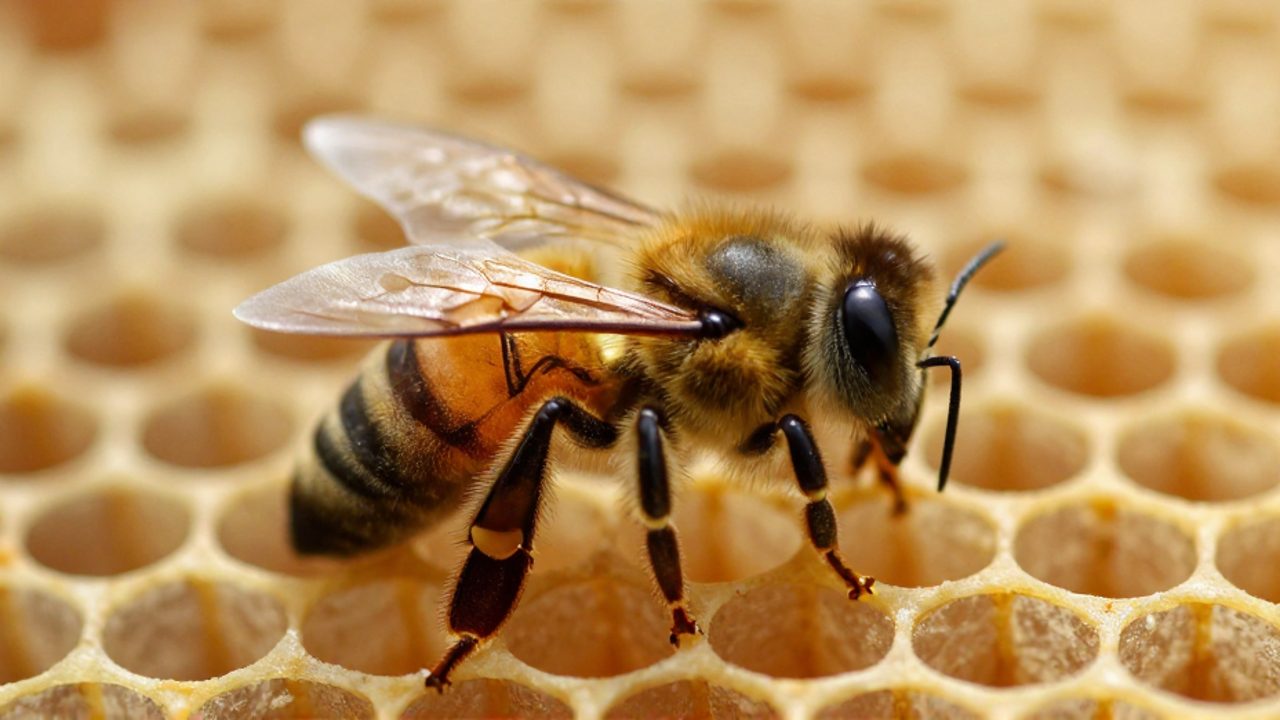 Primer plano de una abeja con texturas detalladas apoyada en el borde de una celda de cera en un panal.