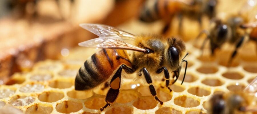 Una abeja reina descansa sobre las celdas de un panal de cera en un entorno iluminado por la luz natural.