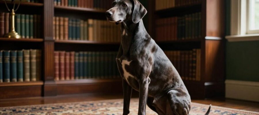 Un perro Pointer inglés sentado con calma sobre una alfombra antigua en un estudio británico rodeado de estanterías de madera.