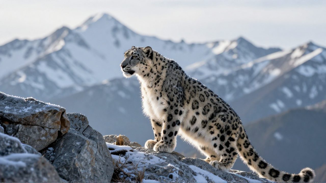 Un leopardo de las nieves posado sobre una saliente de granito en el Himalaya con picos nevados al fondo.