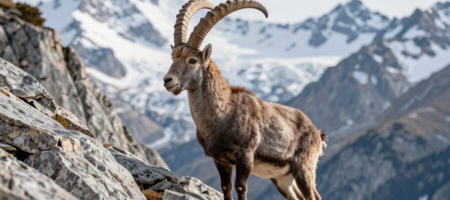 Un íbice de montaña con grandes cuernos curvados posado sobre un risco de granito con picos nevados al fondo.