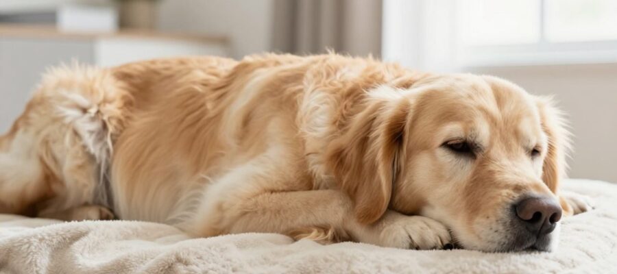 Perra Golden Retriever tumbada sobre una manta en una sala de estar con un enfoque en su costado para sugerir una revisión veterinaria.
