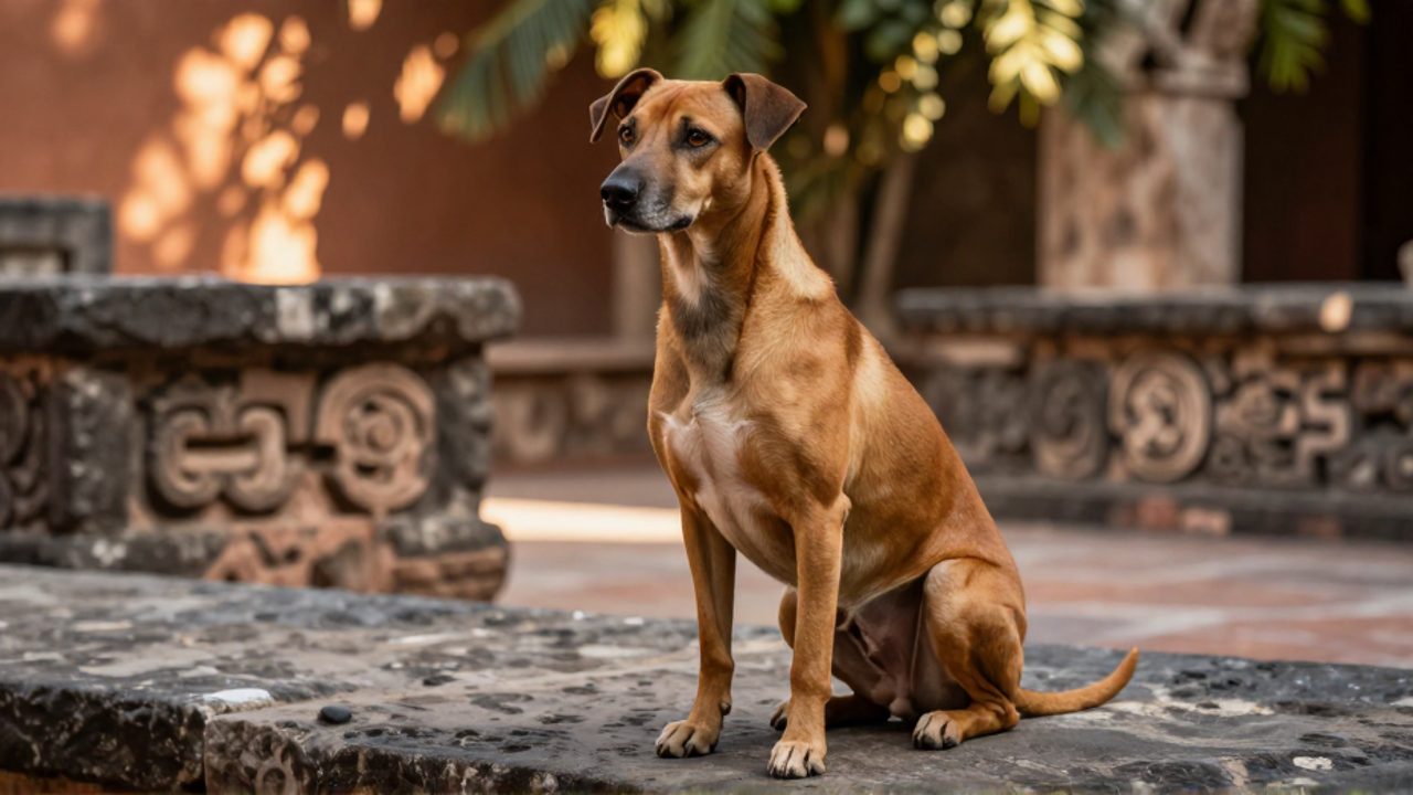 Perro Xoloitzcuintli sentado con expresión digna en un patio de piedra con relieves prehispánicos y luz natural de atardecer.