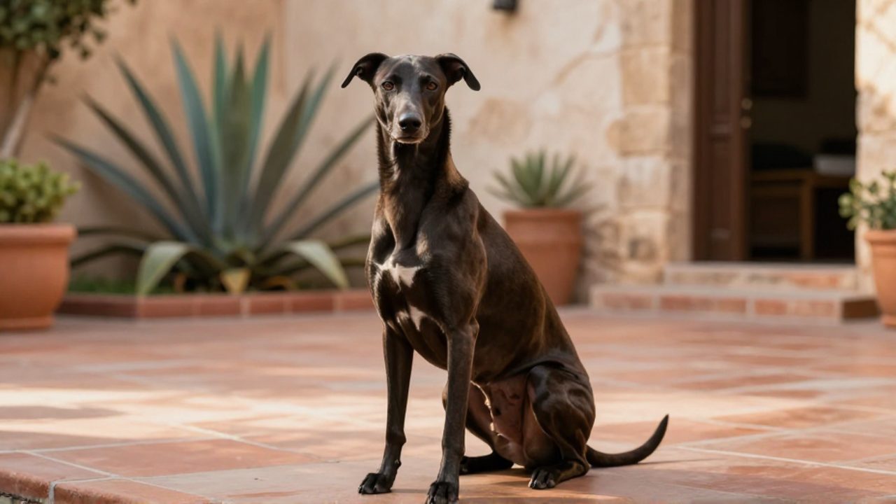 Un perro Xoloitzcuintli de pelaje oscuro sentado con atención en un patio mexicano iluminado por el sol.