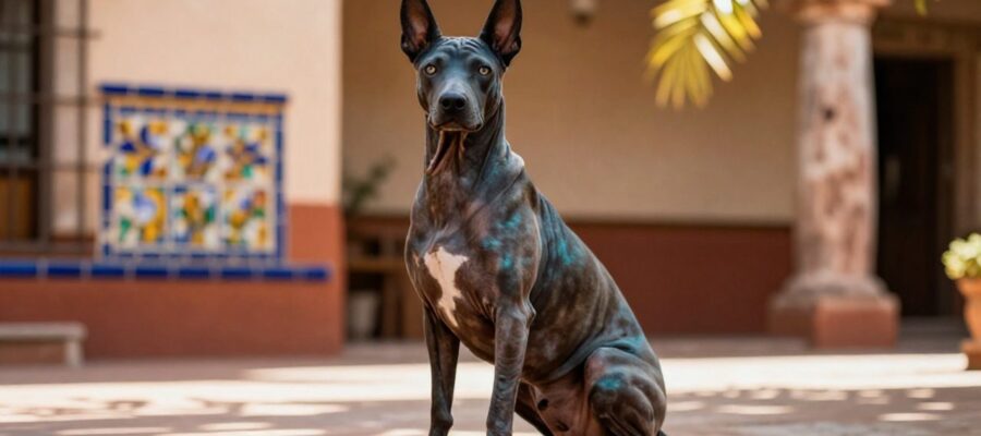 Un perro Xoloitzcuintle sentado con calma en el patio de una hacienda mexicana rodeado de azulejos de Talavera.