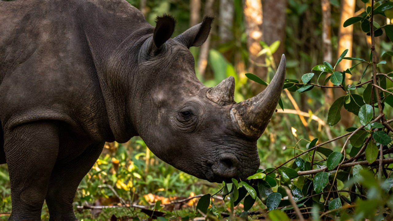 Rinoceronte negro usando su labio prensil para arrancar hojas de una rama en una zona de vegetación tropical.