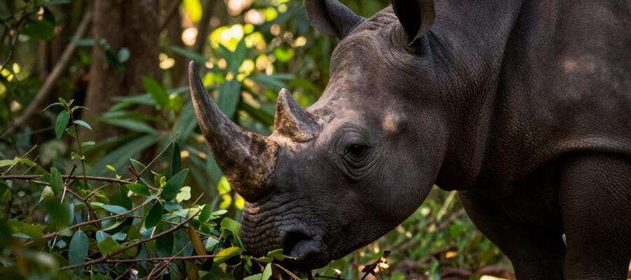 Primer plano de un rinoceronte negro utilizando su labio superior para sujetar ramas y hojas verdes en una selva tropical.