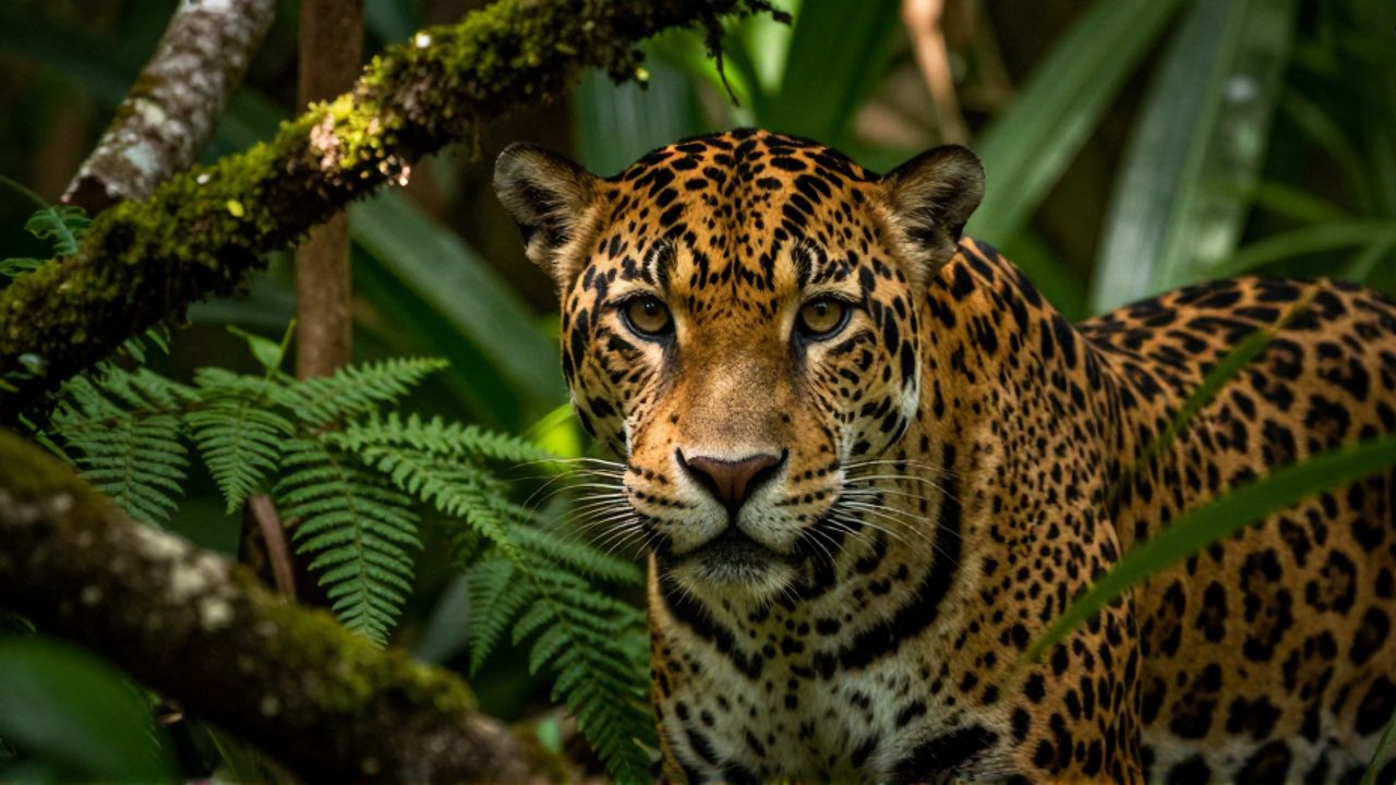 Primer plano de un jaguar que observa entre la densa vegetación de la selva de Oaxaca.