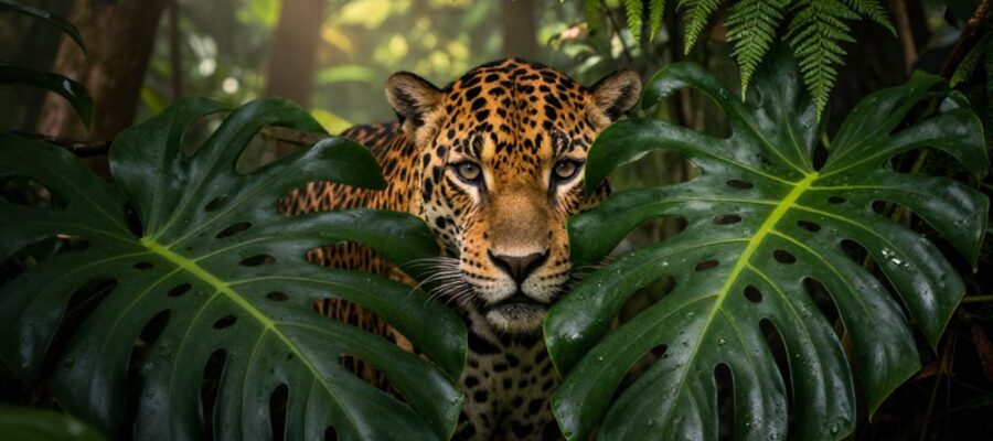 Un jaguar observa intensamente desde entre la densa vegetación de una selva oaxaqueña.