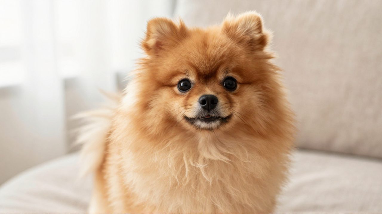 Perro Pomerania de color canela con pelaje abundante y esponjoso sentado sobre una superficie de lino.