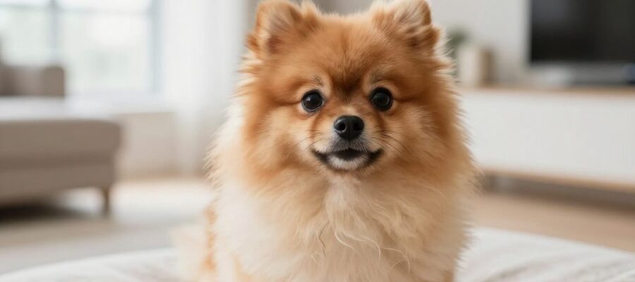 Perro Pomerania de color naranja y crema con pelaje esponjoso sentado sobre una superficie de lino en una sala iluminada.