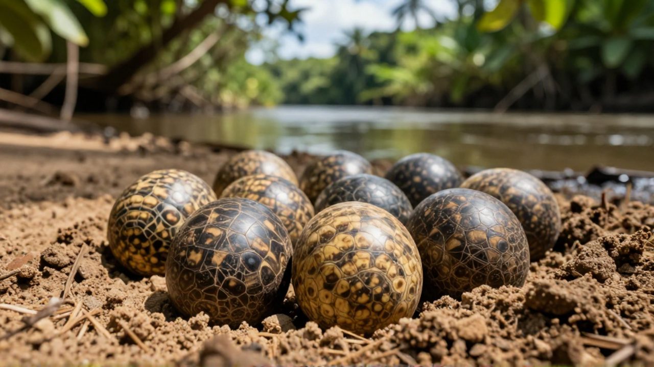 Grupo de huevos de cocodrilo con textura coriácea dentro de un nido de tierra y arena en la orilla de un río.