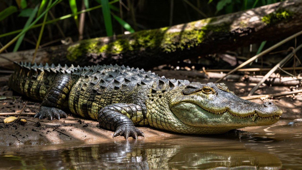 Primer plano de la cabeza y las escamas de un cocodrilo del Nilo descansando en la orilla de un río tropical.