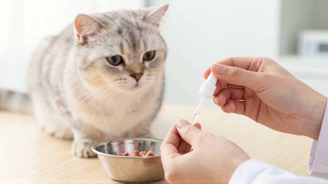 Un veterinario prepara una dosis de medicamento con un gotero junto a un gato que espera pacientemente en una clínica.