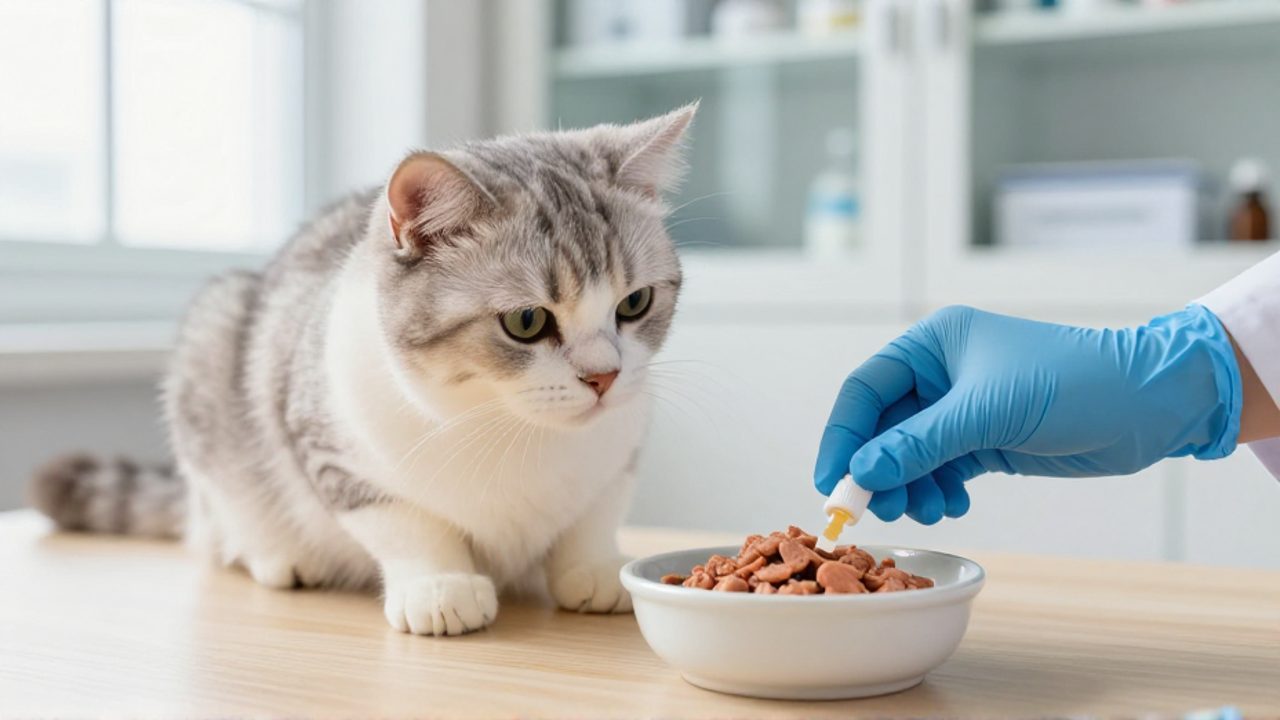 Un veterinario con guante azul vierte dosis de medicamento líquido en el cuenco de comida de un gato sentado sobre una mesa de clínica.