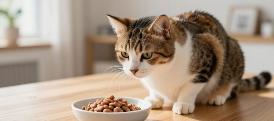 Gato doméstico sentado tranquilamente junto a un cuenco con comida húmeda sobre una mesa de madera.