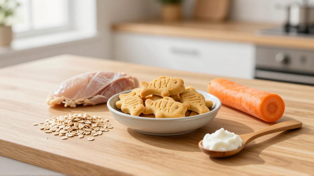 Galletas para gatos con forma de pez en un cuenco de cerámica rodeadas de avena, pollo, zanahoria y yogur sobre una encimera de madera.