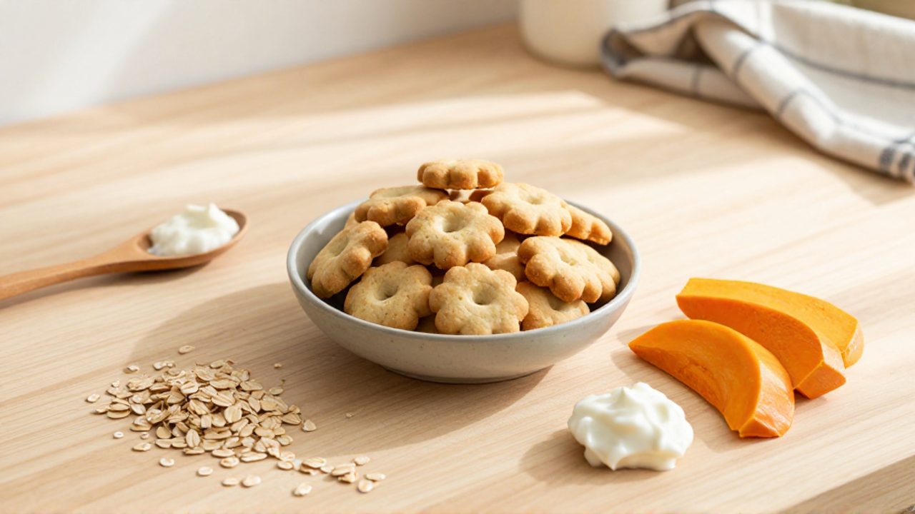 Galletas caseras para gatos de color dorado en un bol de cerámica rodeadas de avena, calabaza y yogur sobre una encimera de madera.