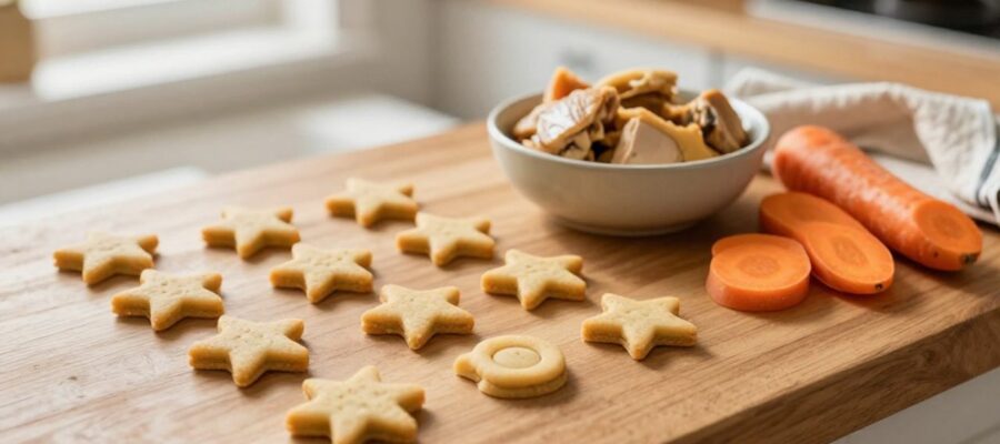 Galletas caseras para gatos con forma de estrellas y círculos junto a trozos de pollo y zanahoria sobre una encimera de madera.