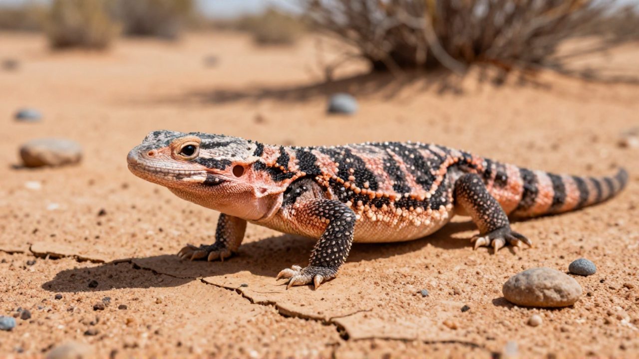 Un monstruo de Gila de escamas negras y anaranjadas camina sobre el suelo árido y agrietado de un desierto.