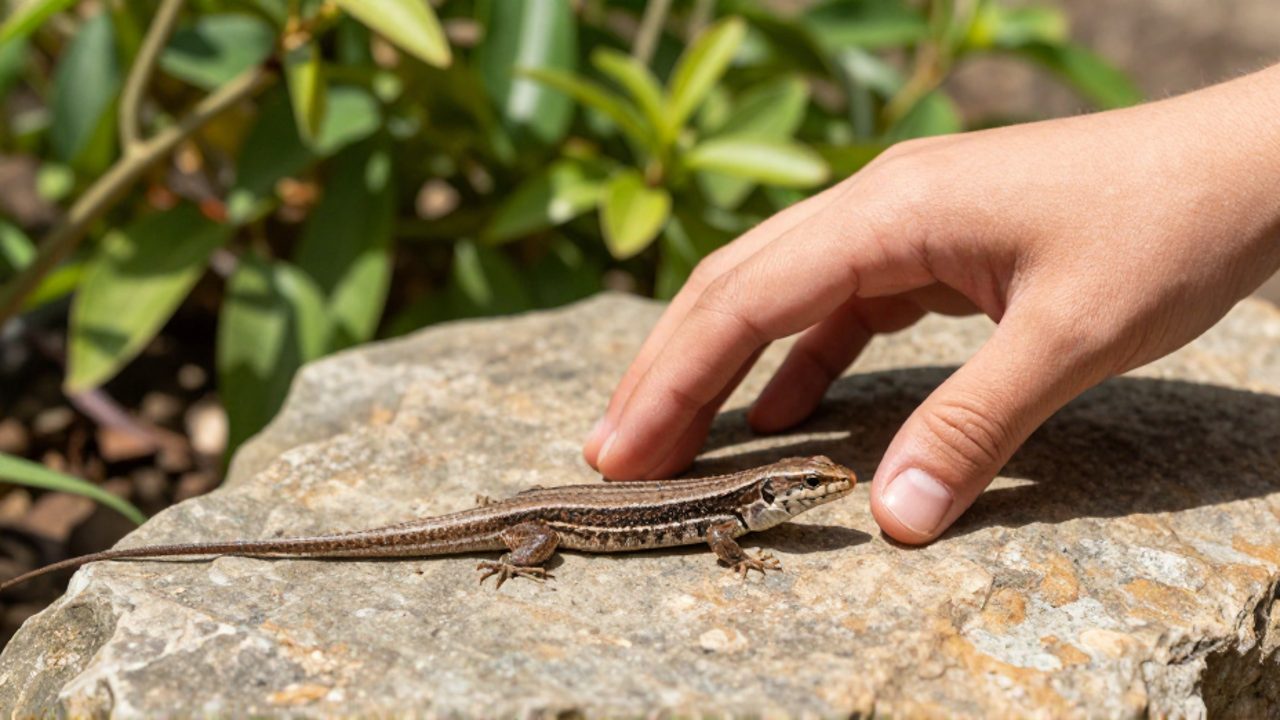 Una mano se acerca con cautela a una pequeña lagartija que descansa sobre una piedra en un jardín iluminado por el sol.