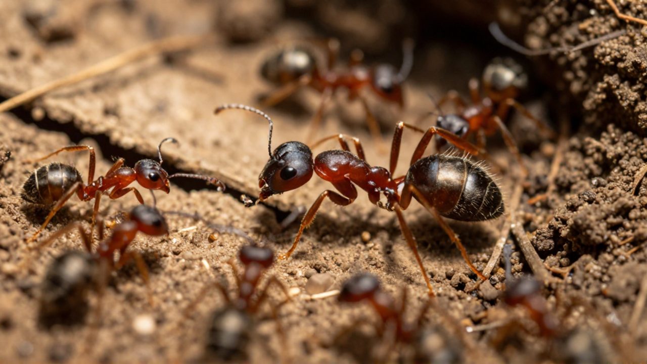 Una reina de hormiga descansa en un entorno subterráneo rodeada de varias hormigas obreras que se desplazan entre la tierra y restos orgánicos.