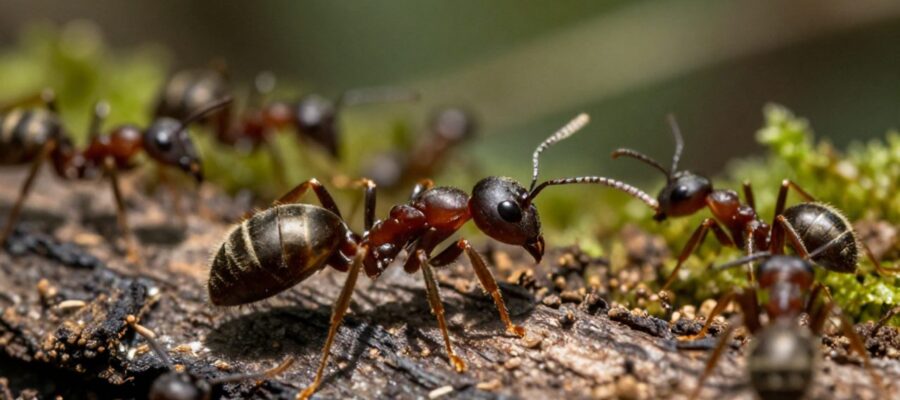 Una hormiga reina de gran tamaño sobre la corteza de un árbol, rodeada por hormigas obreras que se desplazan entre musgo y tierra.