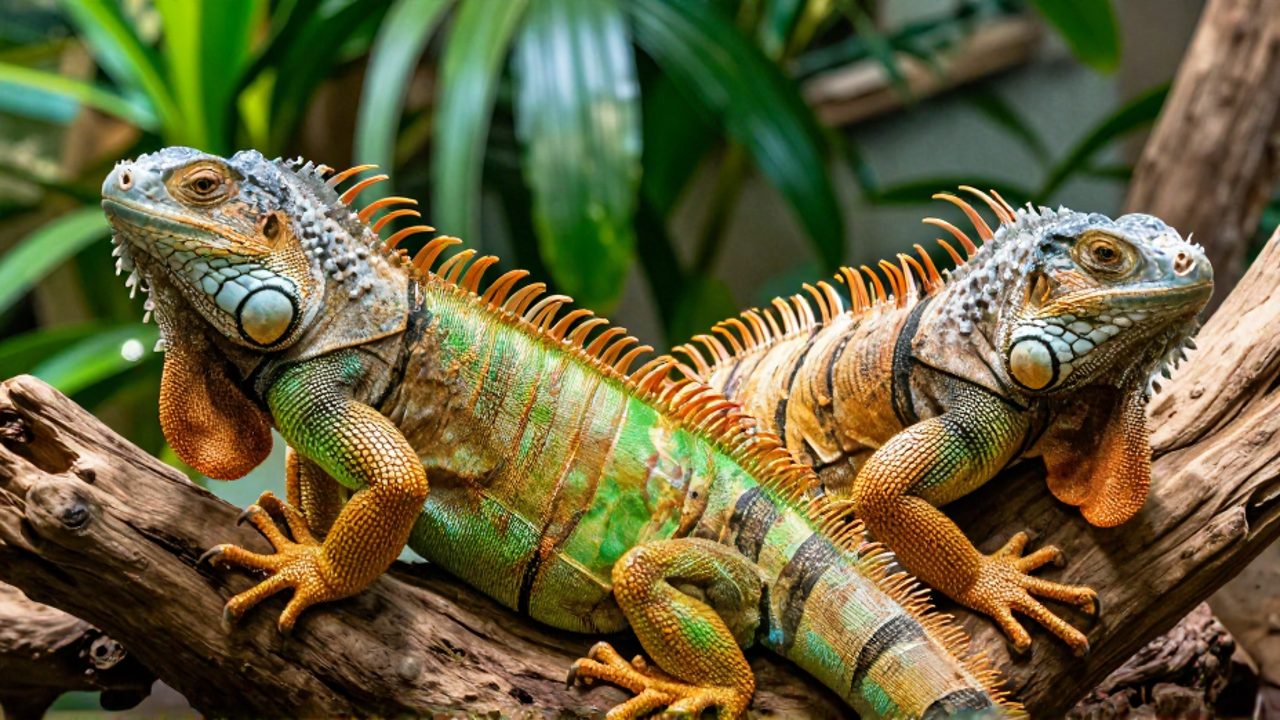 Una iguana verde de escamas brillantes y una iguana de roca de textura rugosa descansan junto a un tronco de madera sobre un fondo de vegetación tropical.