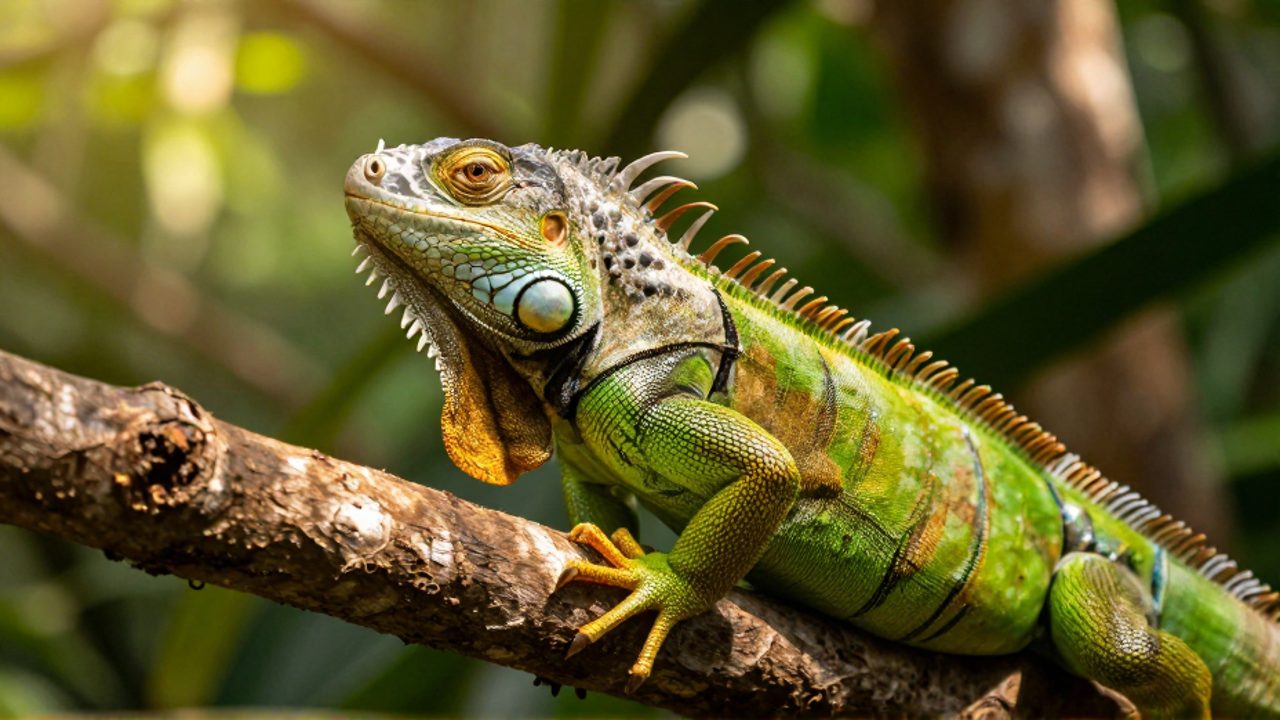 Primer plano de una iguana verde descansando sobre una rama en una selva tropical iluminada por el sol.