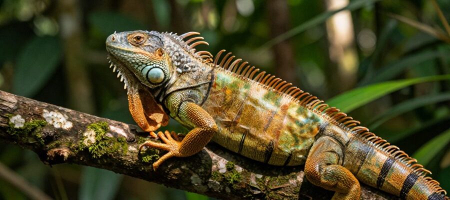 Iguana verde adulta posada de perfil sobre una rama con musgo en un entorno de selva tropical.