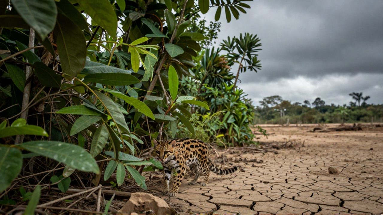 Un ocelote camina entre la densa vegetación de la selva que colinda con un terreno desértico y deforestado.