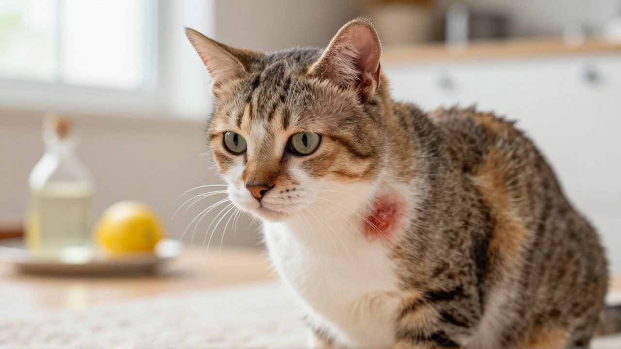 Gato con una zona de piel irritada y pérdida de pelo en el costado, sentado frente a elementos de cocina como vinagre y limón.