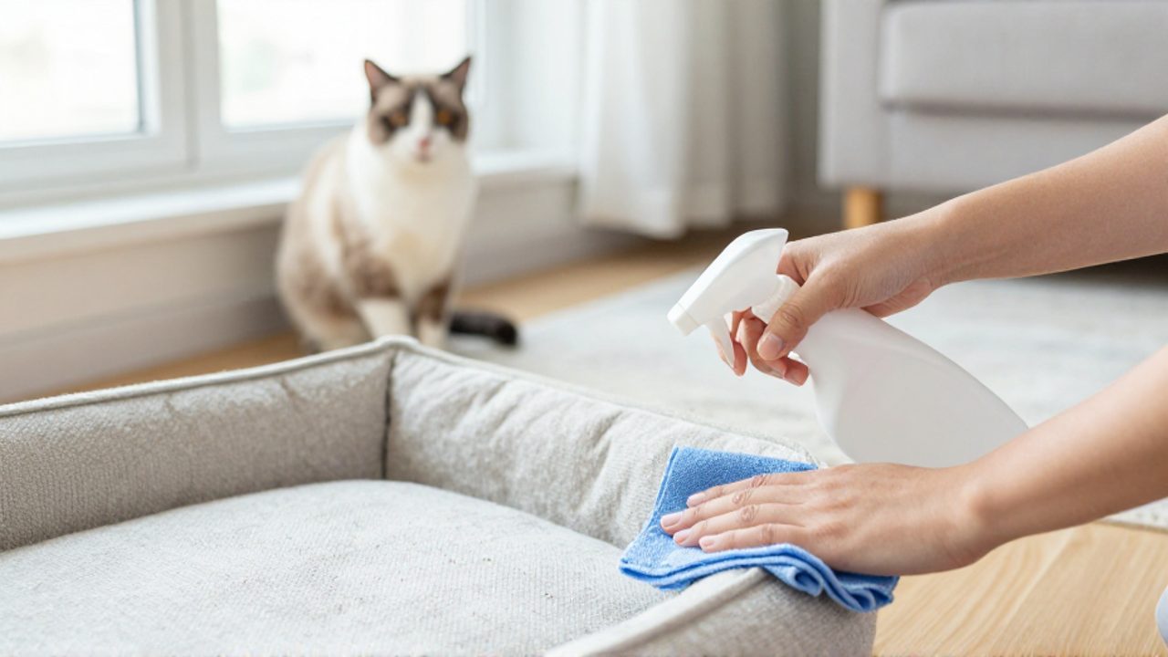 Persona limpiando con un paño y un spray la cama de un gato y el suelo de madera en una sala iluminada.