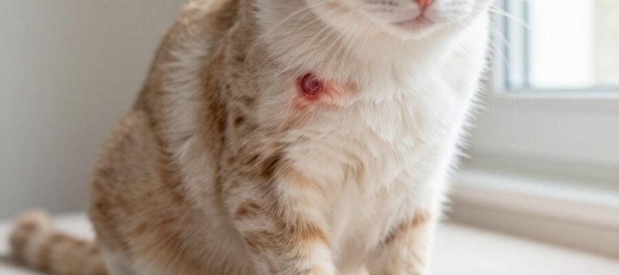 Primer plano de un gato doméstico con una zona circular de pérdida de pelo y enrojecimiento en la piel.