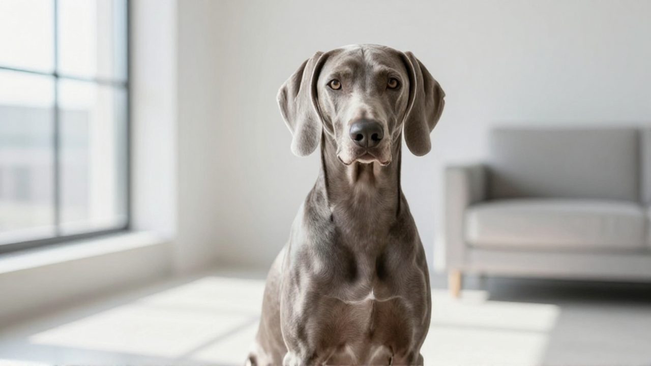 Perro Weimaraner de pelaje gris sentado con expresión atenta en una sala de estar luminosa y moderna.