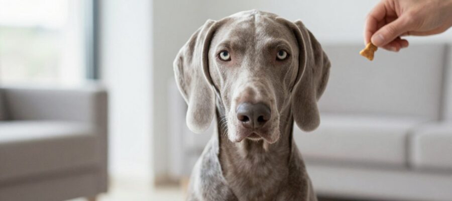 Perro Weimaraner de color gris atento a una persona que sostiene un premio para entrenarlo en una sala luminosa.