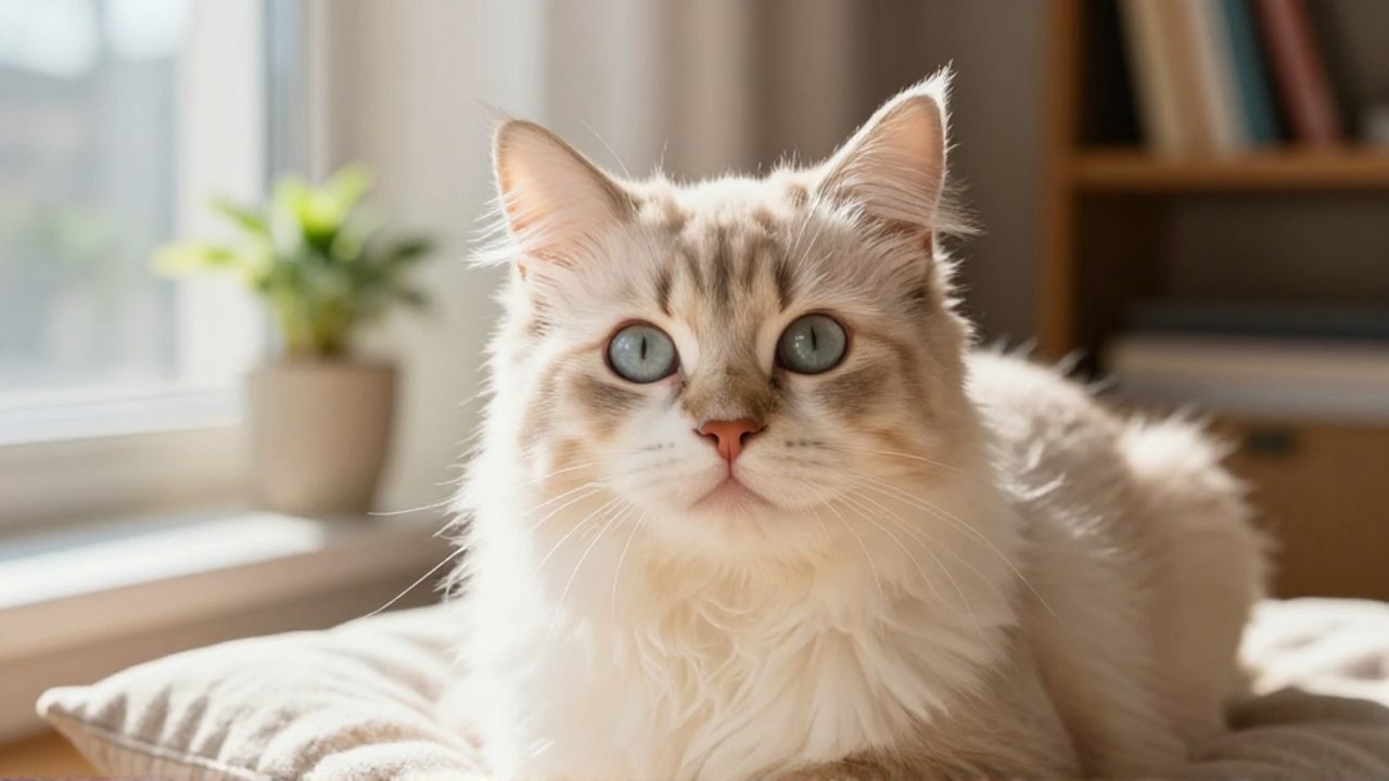 Gata de pelo largo con mirada curiosa sentada sobre un cojín en una sala iluminada por el sol.
