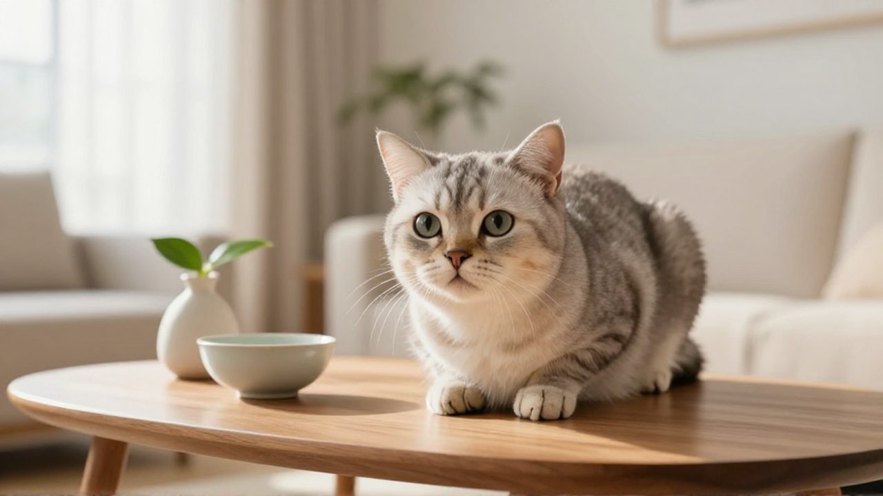 Gato doméstico con la cabeza inclinada con curiosidad sobre una mesa de madera en una sala luminosa.