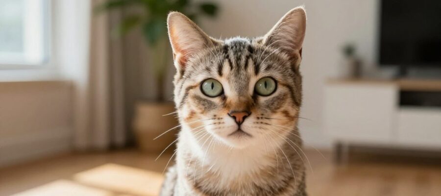 Gato doméstico de pelaje suave sentado en una sala iluminada por el sol, mirando atentamente hacia la cámara con expresión curiosa.