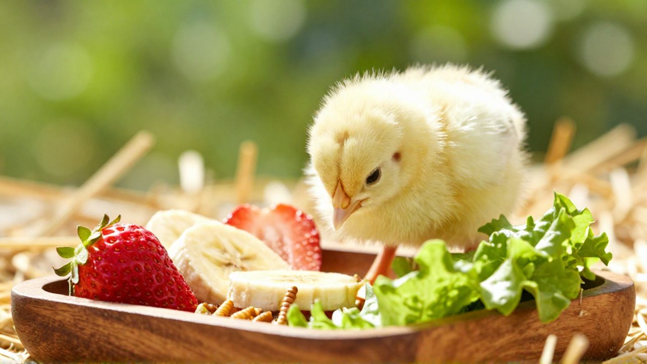 Un pollito amarillo picotea trozos de fresa, plátano, lechuga y gusanos secos en una bandeja de madera.