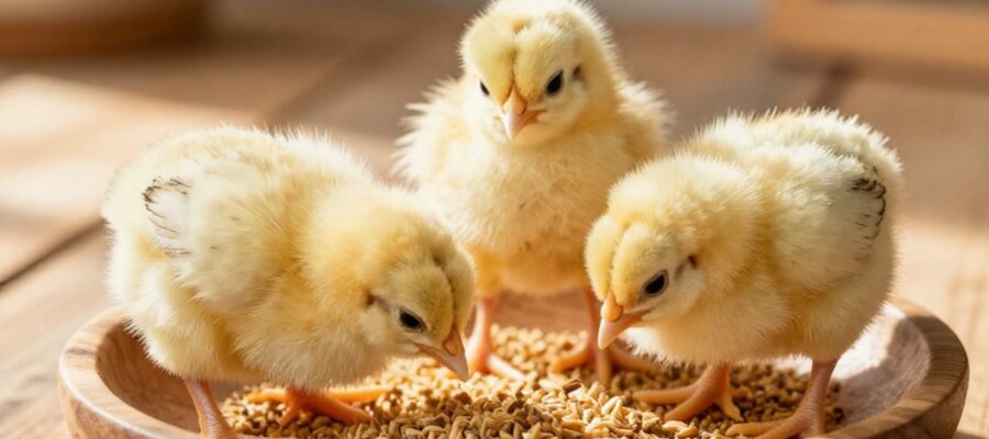 Tres pollitos amarillos picotean alimento granulado en un pequeño cuenco de madera sobre una superficie rústica.