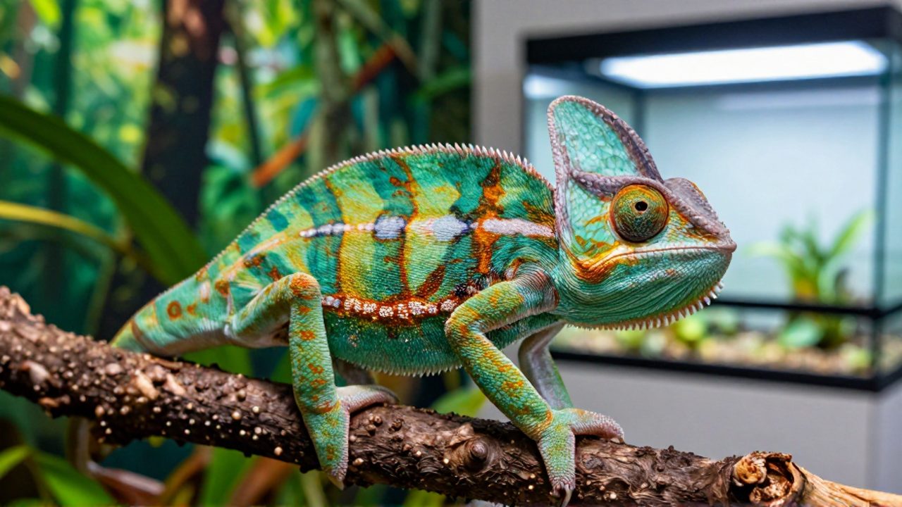 Un camaleón pantera posado sobre una rama, dividido visualmente entre un entorno de selva natural y un terrario controlado.