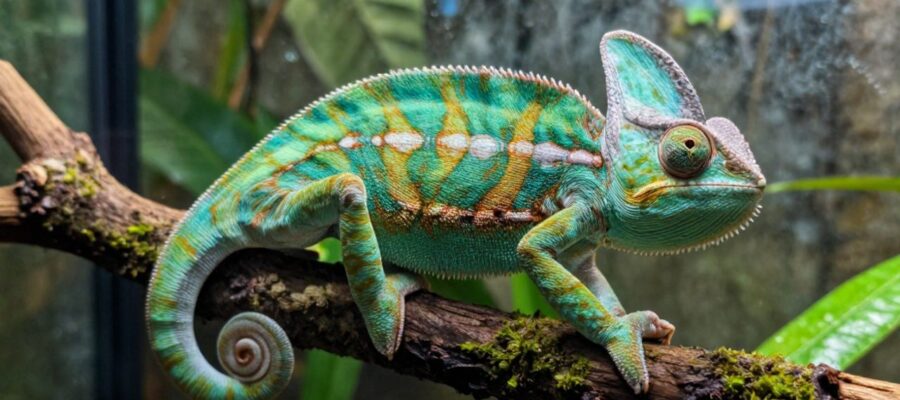 Camaleón pantera de colores verde y turquesa posado sobre una rama con musgo en un entorno tropical.