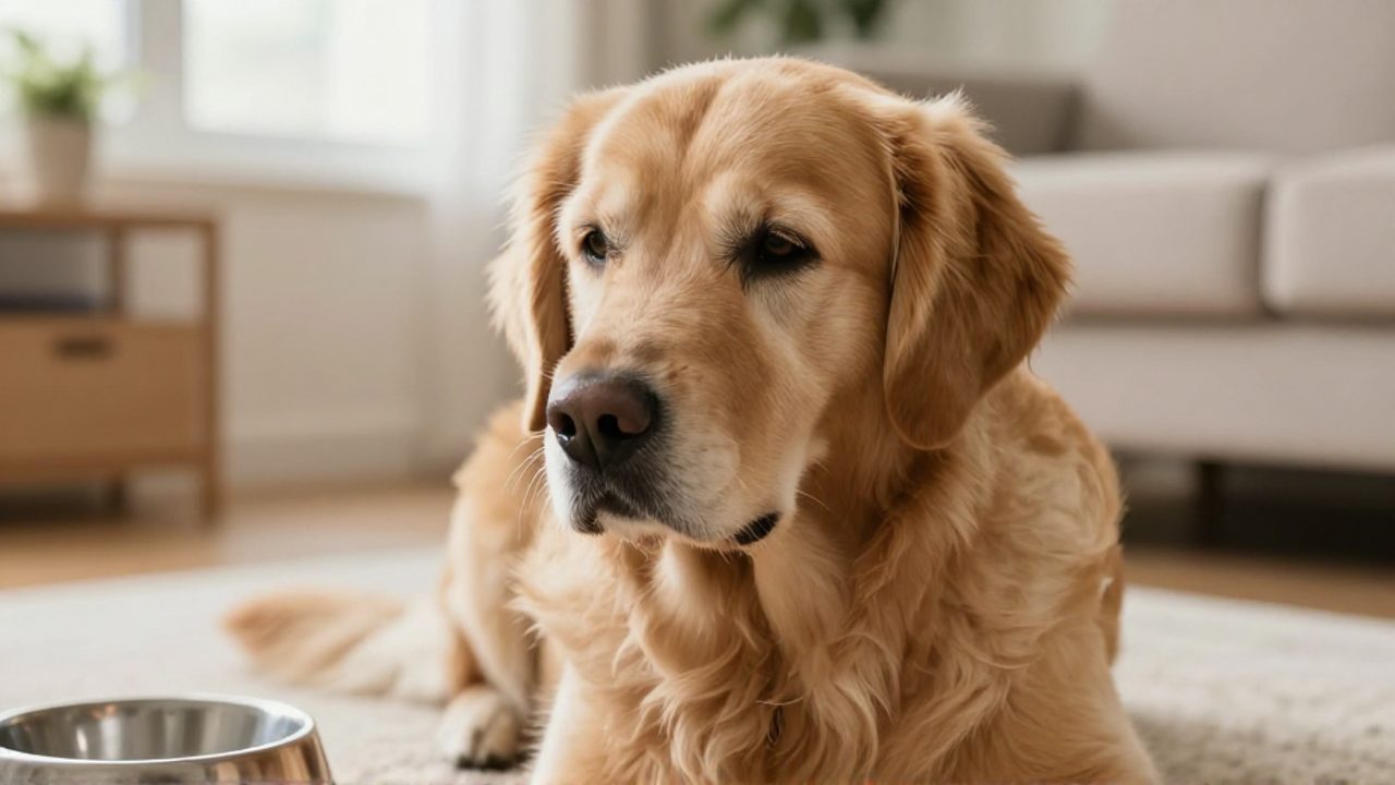 Un perro Golden Retriever con expresión de cansancio y decaimiento sentado sobre una alfombra en una sala de estar.