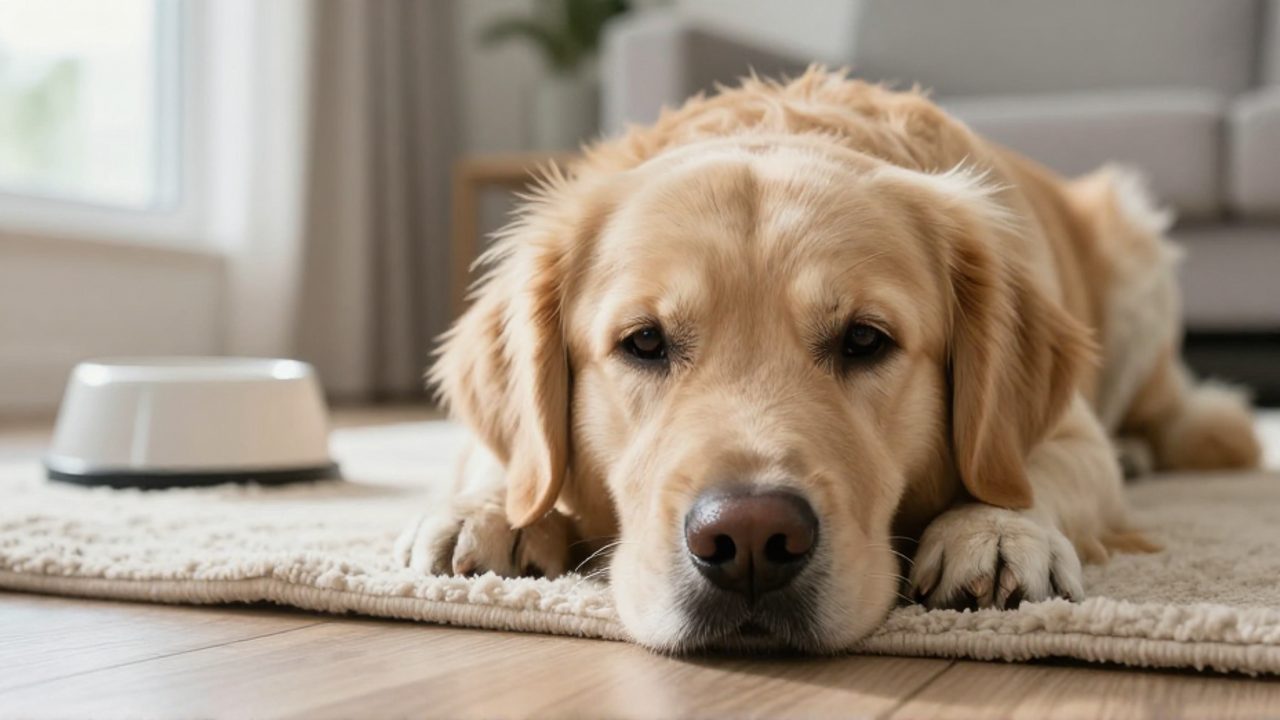 Un Golden Retriever con expresión de cansancio descansa la cabeza sobre una manta en una sala iluminada, con un cuenco de agua al fondo.