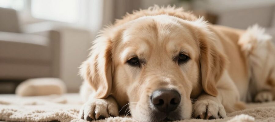 Un perro Golden Retriever con expresión cansada descansa con la cabeza sobre sus patas sobre una manta en una sala iluminada.