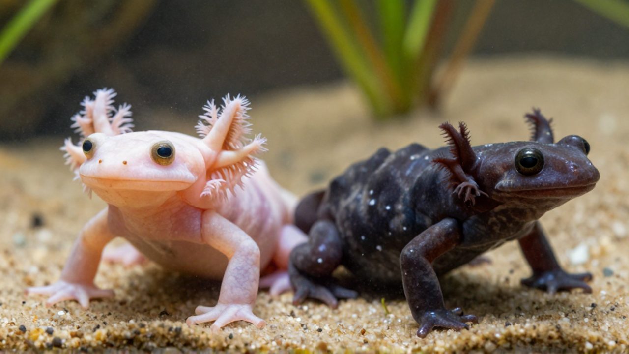 Comparativa entre un ajolote leucístico de branquias rosadas y una especie de Ambystoma de color oscuro sobre un fondo de arena y vegetación acuática.
