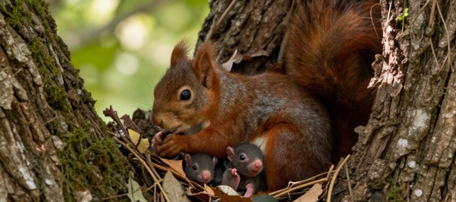 Una ardilla madre protege a sus dos crías recién nacidas dentro de un nido de hojas y musgo en el hueco de un árbol.